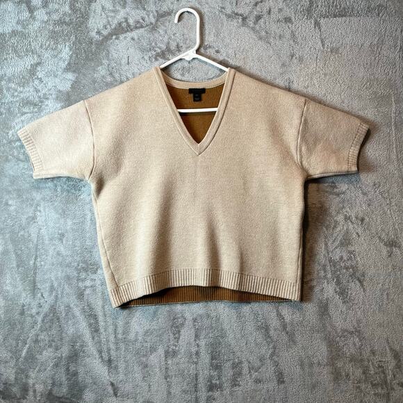 J. Crew Short Sleeve V Neck Sweater One Size 100% Merino Wool Minimalist Classic - Picture 1 of 6